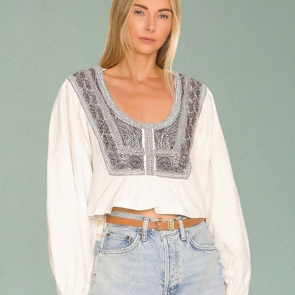 NWT FREE PEOPLE Iggie Embroidered Scoop Neck Long Sleeve Cotton Crop Top/Md - Picture 7 of 16